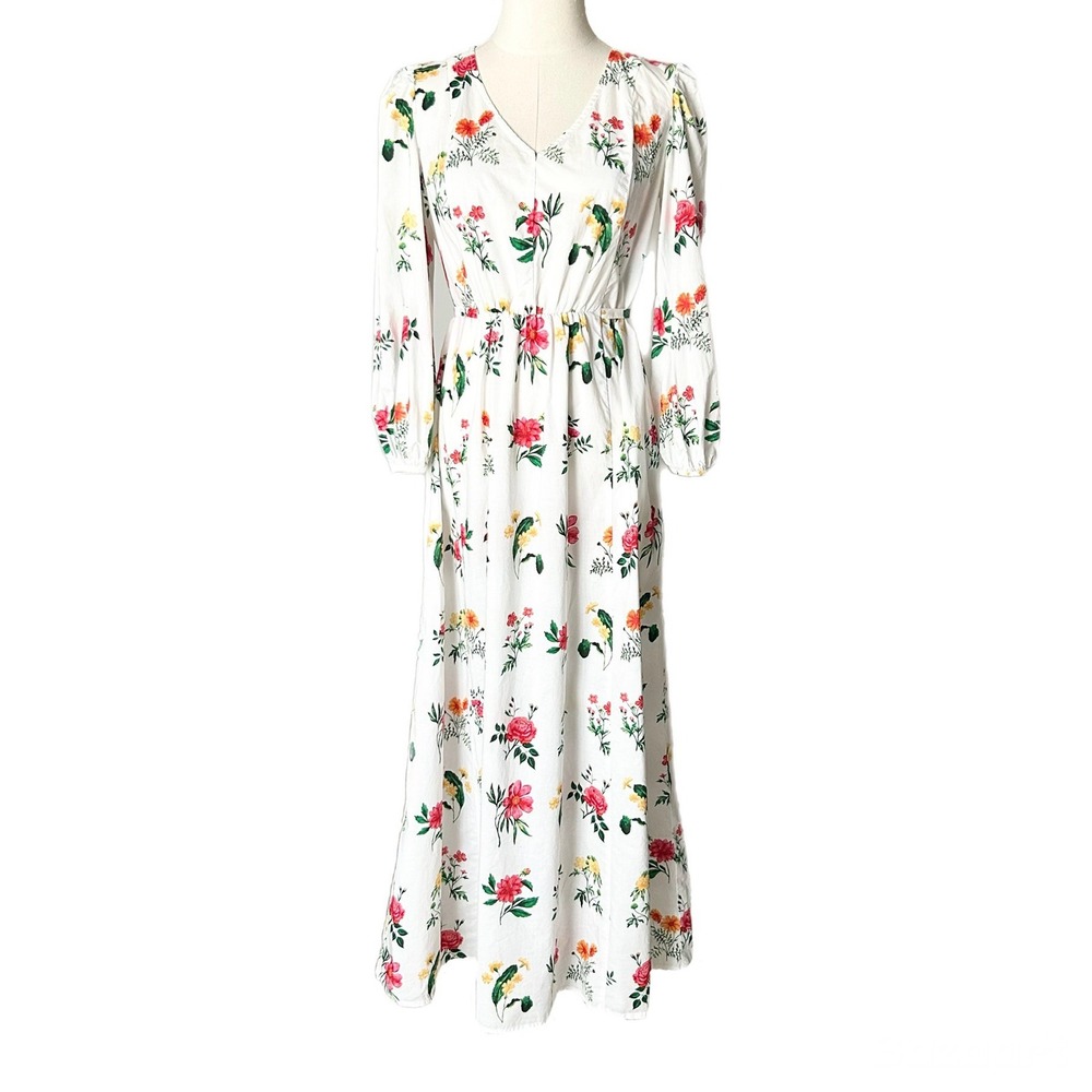 Gal Meets Glam Tabitha Floral Cotton Maxi Dress White Pink V-Neck Pockets Size 6